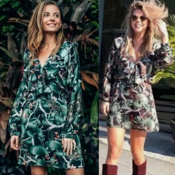 Johanna Ortiz Patterned Dress Flounce Hem Green Size XS H&M Collab Rare Bohemian - Picture 2 of 15